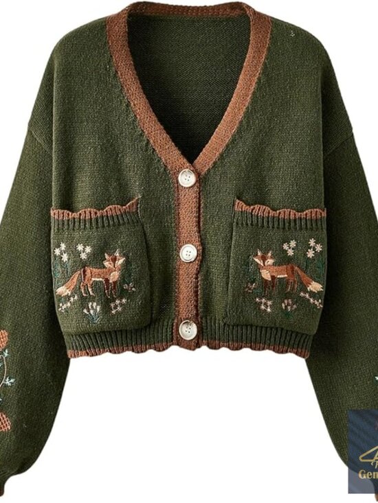 Sweaters - Floral Embroidered Cropped Cardigan Loose Fit V-Neck Button Up